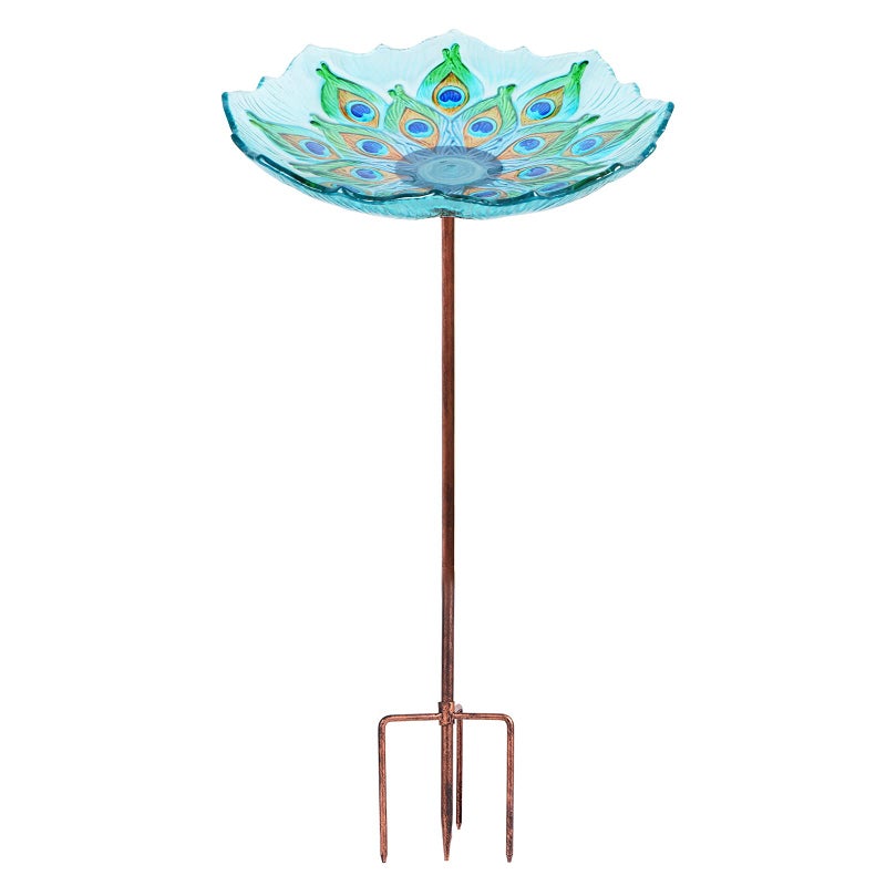 MUMTOP Glass Bird Bath, Garden Outdoor Birdbaths Birdfeeder with Metal Stake Peacock - Image 1